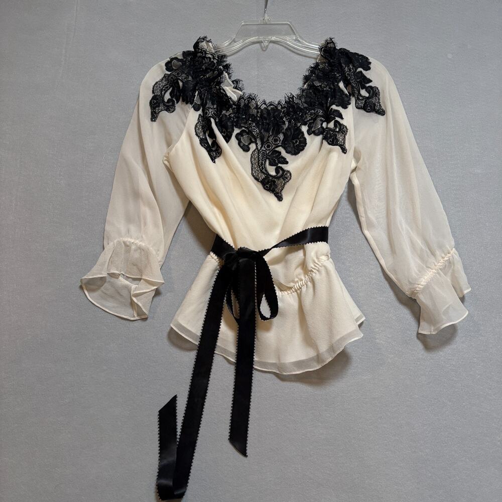 Adrianna Papell Top Womens Large White Black Lace TunicBelted Sheer Long Sleeve